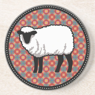 Sheep on Ornate Red Pattern Coaster