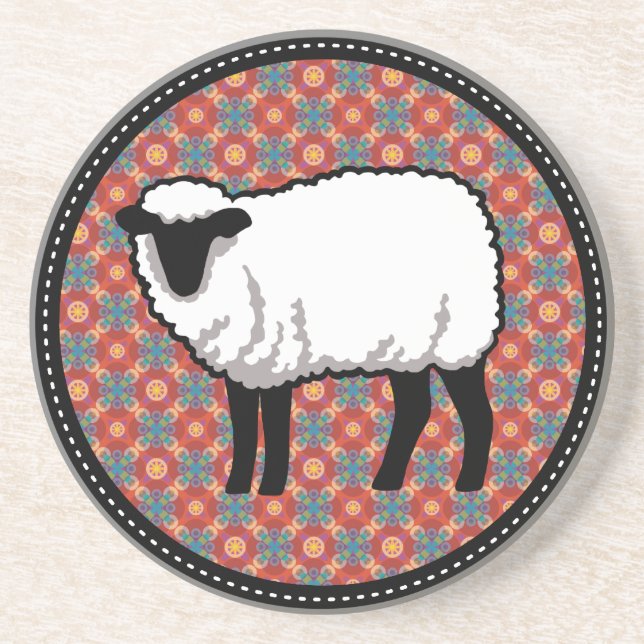 Sheep on Ornate Red Pattern Coaster (Front)