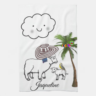 Sheep Palm Tree Clouds Kitchen Hand Towel