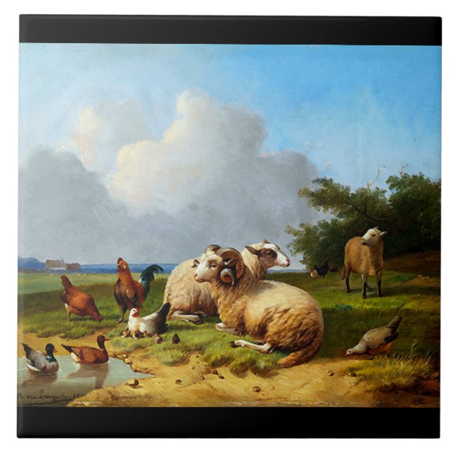 Sheep Pasture Vintage Ducks Chickens Farm Tile (Front)