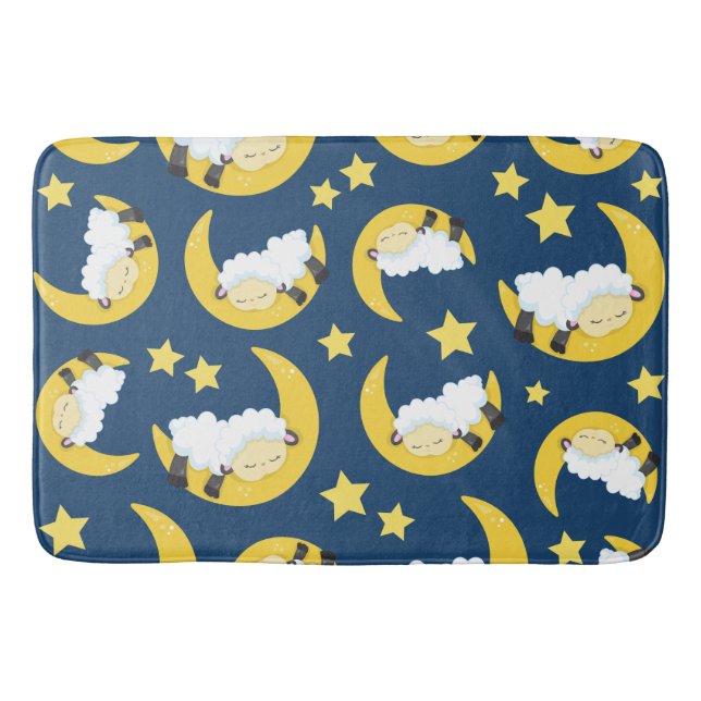 Sheep Pattern, Sleeping Sheep, Moon, Stars Bath Mat (Front)
