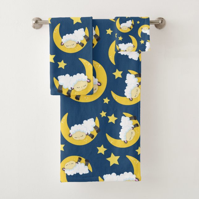 Sheep Pattern, Sleeping Sheep, Moon, Stars Bath Towel Set (Insitu)
