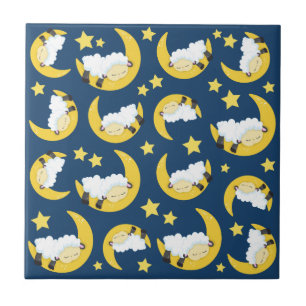 Sheep Pattern, Sleeping Sheep, Moon, Stars Ceramic Tile