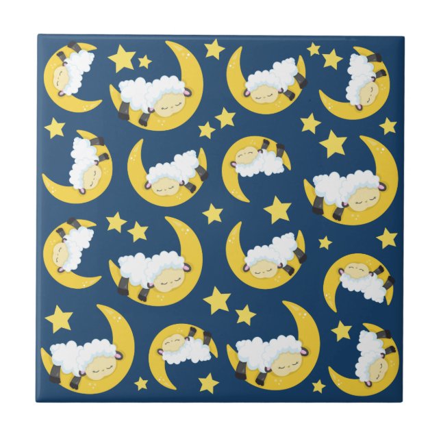 Sheep Pattern, Sleeping Sheep, Moon, Stars Ceramic Tile (Front)
