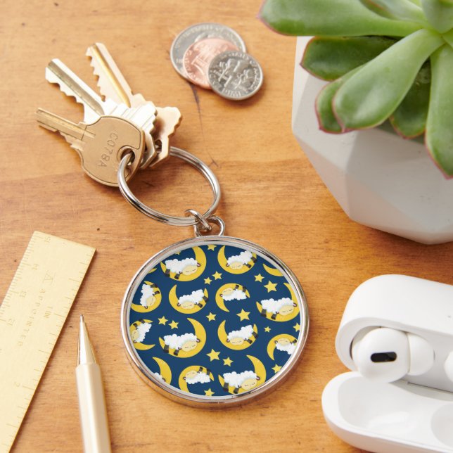 Sheep Pattern, Sleeping Sheep, Moon, Stars Key Ring (Desk)