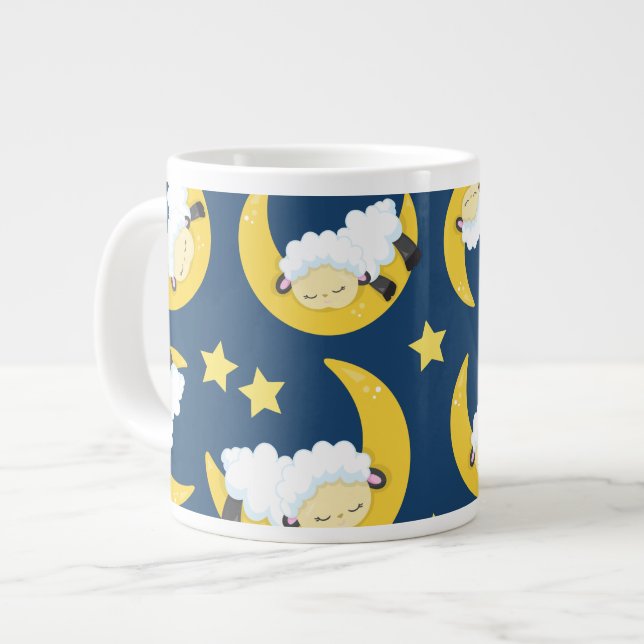Sheep Pattern, Sleeping Sheep, Moon, Stars Large Coffee Mug (Front Left)