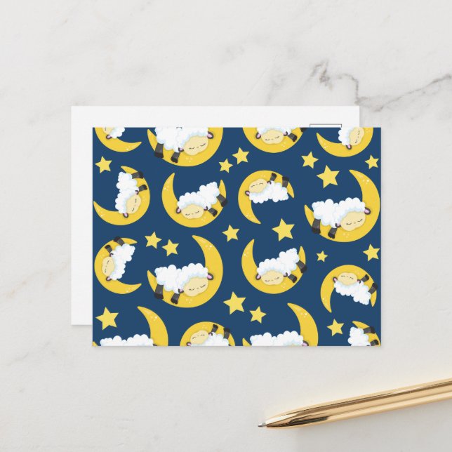 Sheep Pattern, Sleeping Sheep, Moon, Stars Postcard (Front/Back In Situ)