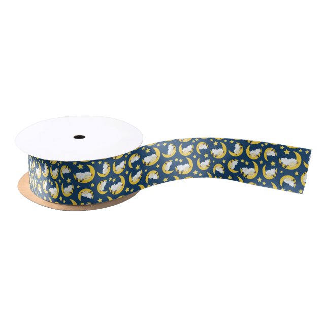 Sheep Pattern, Sleeping Sheep, Moon, Stars Satin Ribbon (Spool)