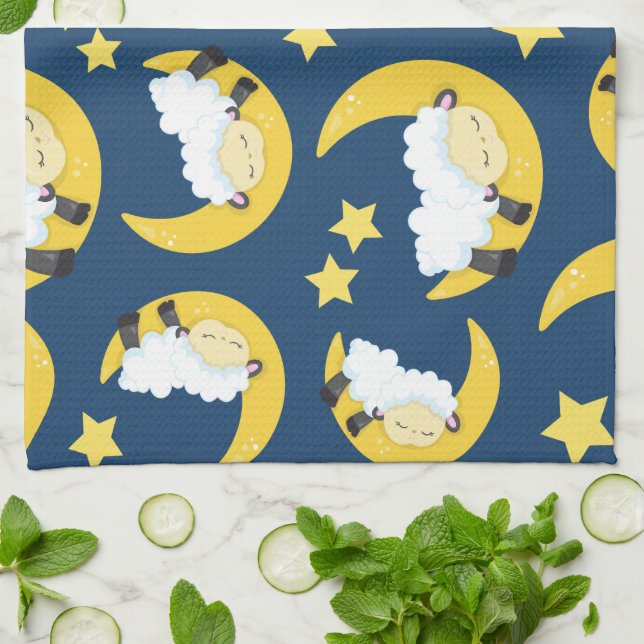 Sheep Pattern, Sleeping Sheep, Moon, Stars Tea Towel (Folded)