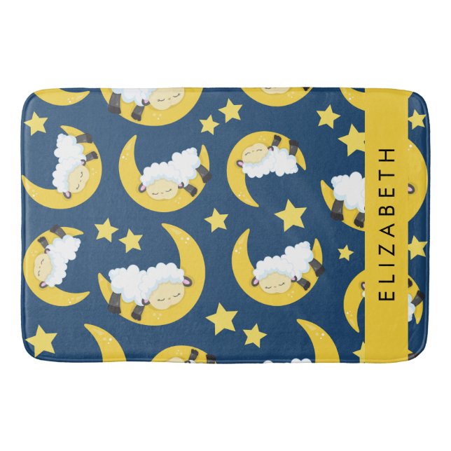 Sheep Pattern, Sleeping Sheep, Moon, Your Name Bath Mat (Front)
