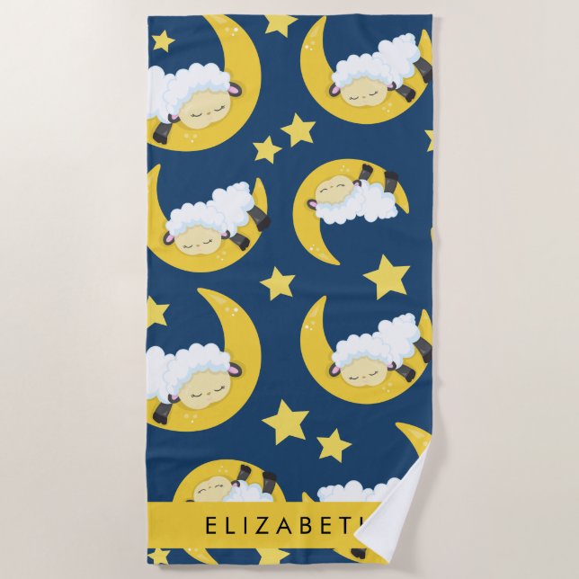 Sheep Pattern, Sleeping Sheep, Moon, Your Name Beach Towel (Front)