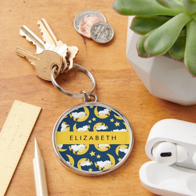 Sheep Pattern, Sleeping Sheep, Moon, Your Name Key Ring (Desk)