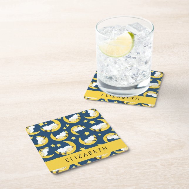 Sheep Pattern, Sleeping Sheep, Moon, Your Name Square Paper Coaster (Insitu)