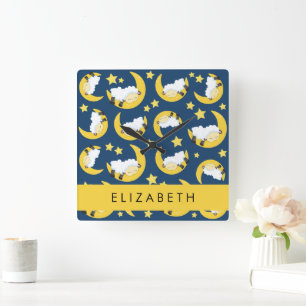 Sheep Pattern, Sleeping Sheep, Moon, Your Name Square Wall Clock