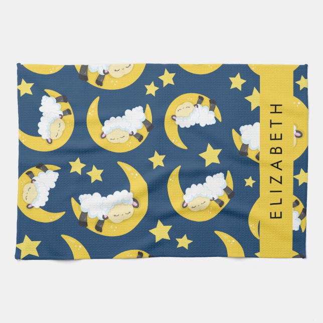 Sheep Pattern, Sleeping Sheep, Moon, Your Name Tea Towel (Horizontal)