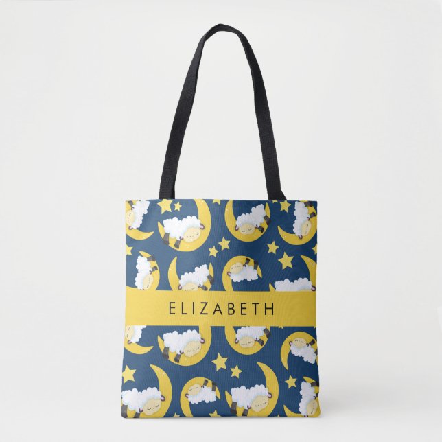 Sheep Pattern, Sleeping Sheep, Moon, Your Name Tote Bag (Front)