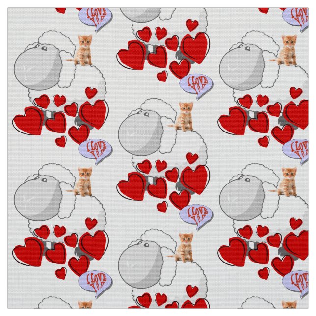 Sheep Red Hearts Kitten Fabric (Swatch)