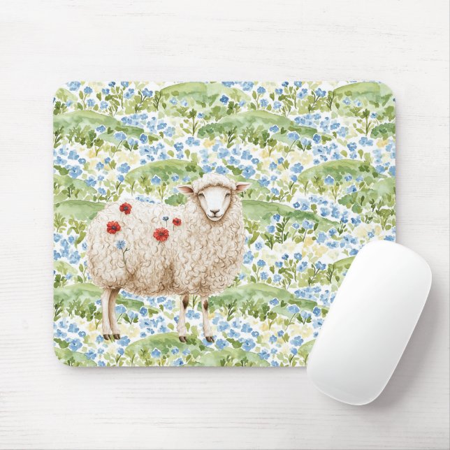 Sheep Red Poppies Blue Flowers Meadow Mouse Pad (With Mouse)