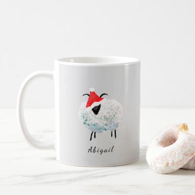 Sheep santa farm rustic gray watercolor coffee mug (With Donut)