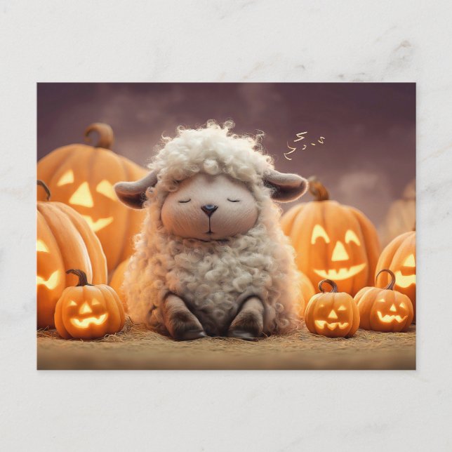 Sheep sleeping among Halloween pumpkins illustrati Holiday Postcard (Front)