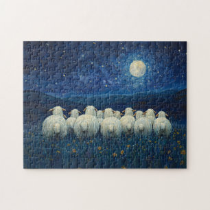 Sheep Starry Night Oil Painting Jigsaw Puzzle