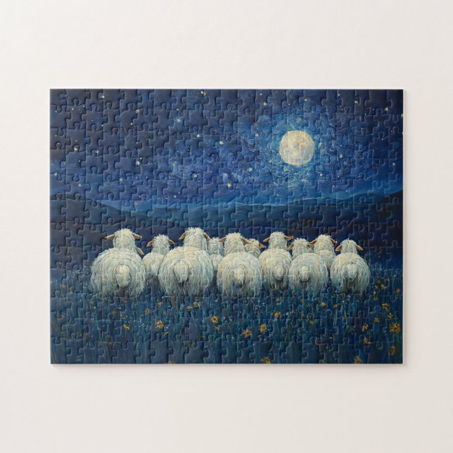 Sheep Starry Night Oil Painting Jigsaw Puzzle (Horizontal)