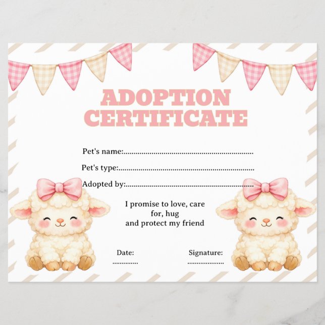 Sheep stuffed adopt a pet certificate editable flyer (Front)