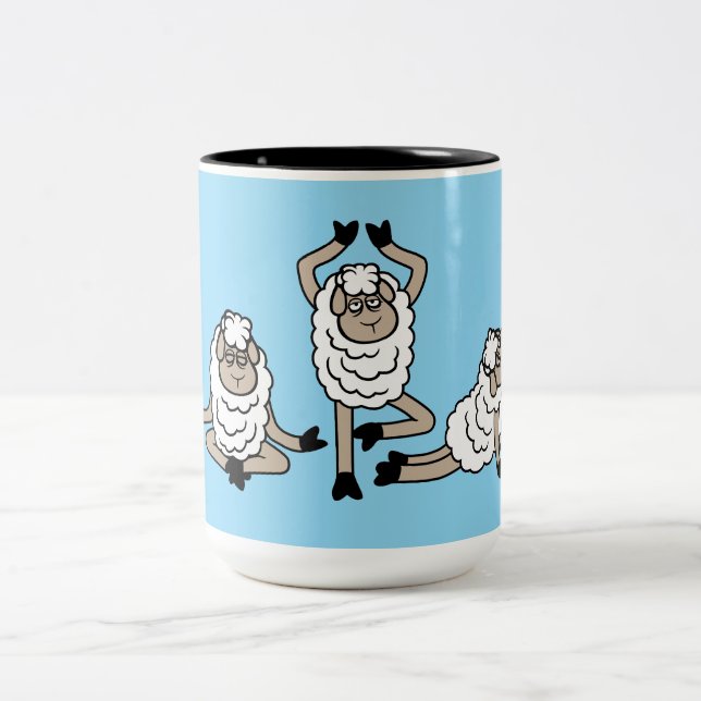 Sheep Three Tired Exhausted Yoga Meditation Poses  Two-Tone Coffee Mug (Center)