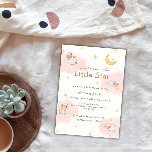 Sheep Twinkle Twinkle Moon Stars Girl Baby Shower Invitation (Sheep Twinkle Twinkle Moon Stars Girl Baby Shower Invitation)