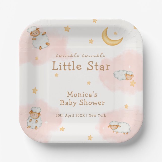 Sheep Twinkle Twinkle Moon Stars Girl Baby Shower  Paper Plate (Front)