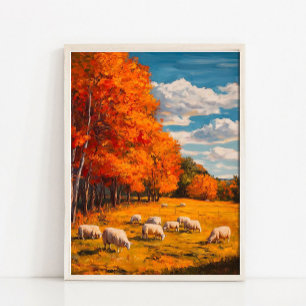 Sheep Vintage Painting, Autumn Landscape Art Paint Poster