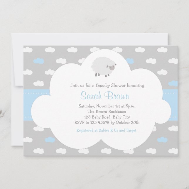Sheep with Cloud Invitation (Grey Blue) (Front)