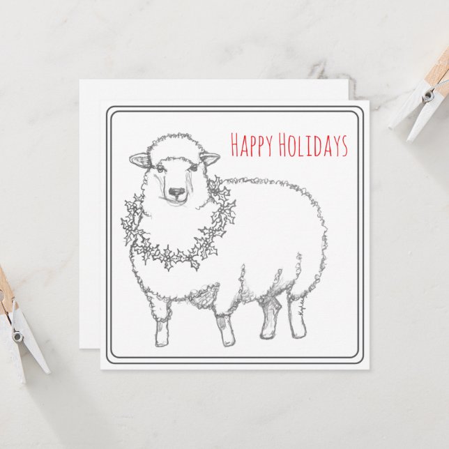 Sheep With Holly Card (Front/Back In Situ)