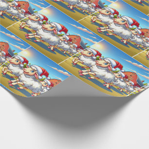 Sheep With Santa Hats Running By Barn Christmas Wrapping Paper
