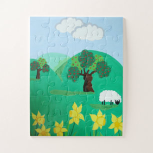 sheep with trees hills blue sky landscape art jigsaw puzzle