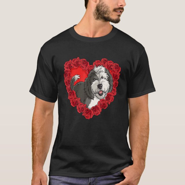 Sheepadoodle Heart Roses Valentine Day Dog Mom T-Shirt (Front)
