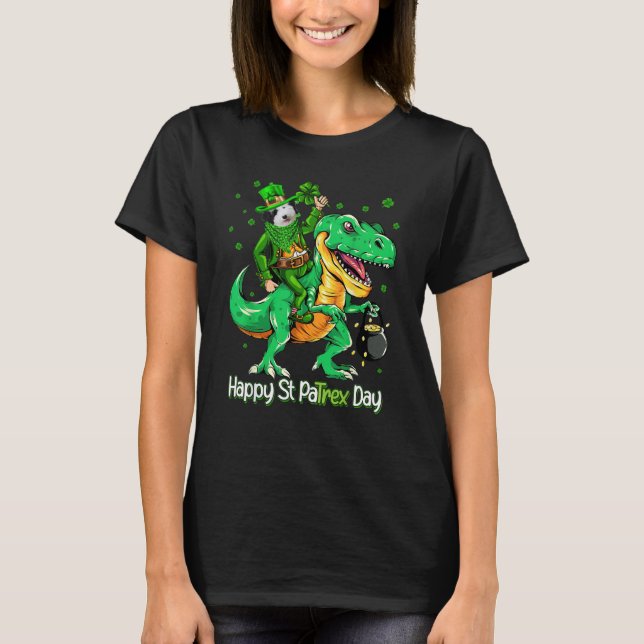 Sheepadoodle Riding Dinosaur Patricks Day Shamrock T-Shirt (Front)