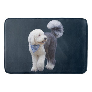 Sheepadoodle With Blue Chequered Scarf Bath Mat