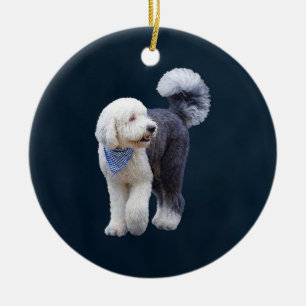 Sheepadoodle With Blue Chequered Scarf Ceramic Ornament