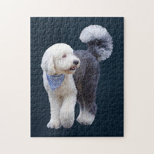 Sheepadoodle With Blue Chequered Scarf Jigsaw Puzzle (Vertical)