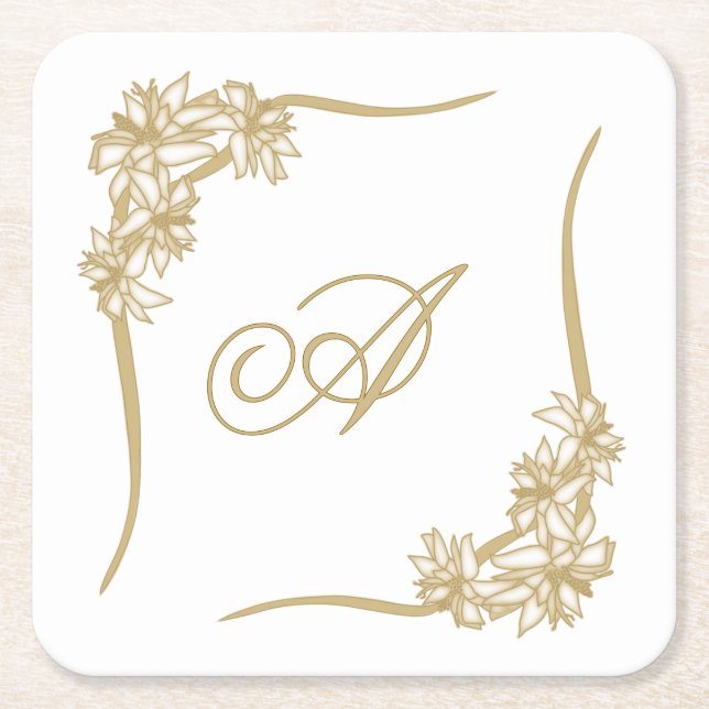 Sheer Poinsettia Lace Monogramed Square Paper Coaster (Front)
