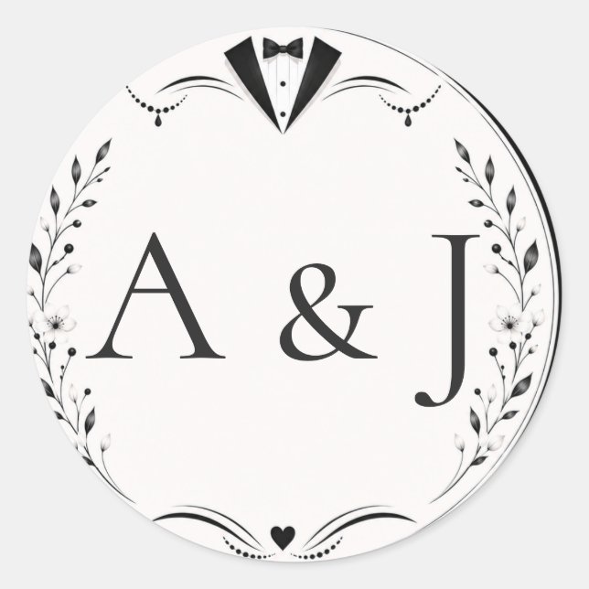 Sheet:Black White Bride Groom Monogram Weddin Seal (Front)
