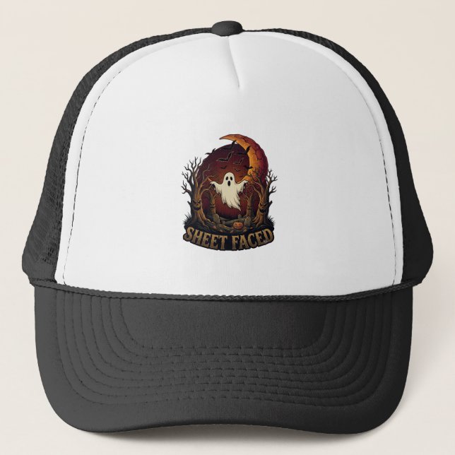 Sheet Faced Ghost Halloween Spooky Trees Moon_1 Trucker Hat (Front)
