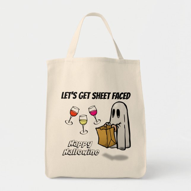 Sheet Faced Ghost Happy Hallowine Tote Bag (Front)