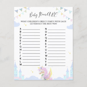 Sheet game "Baby Item ABC" for baby shower.