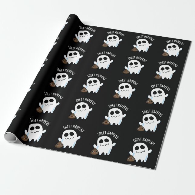 Sheet Happens Funny Ghost Pun Dark BG Wrapping Paper (Unrolled)