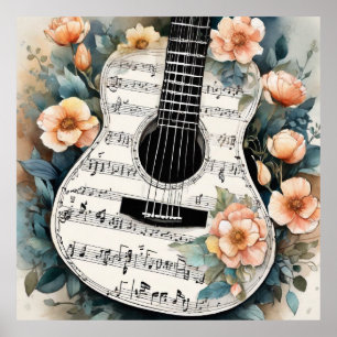 Sheet Music Acoustic Guitar In Peach Flowers Poster