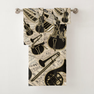 Sheet Music and Instruments Black/Gold ID481 Bath Towel Set