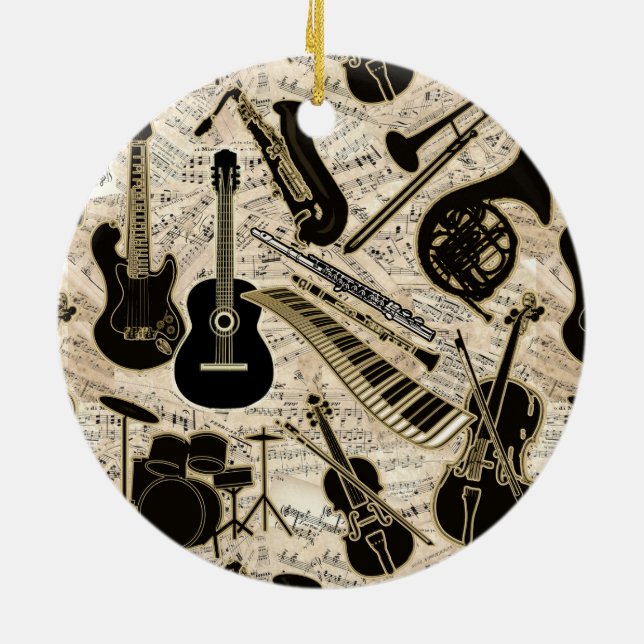 Sheet Music and Instruments Black/Gold ID481 Ceramic Tree Decoration (Back)