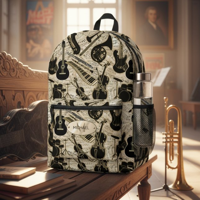 Sheet Music and Instruments Black/Gold ID481 Printed Backpack (Creator Uploaded)